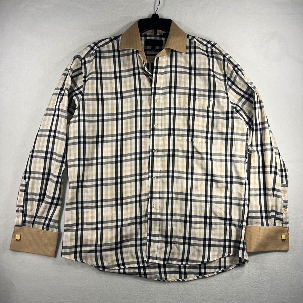 Bruno Conte Mens Plaid Dress Shirt Cufflink Ready Burberry Like French‎ Cuff